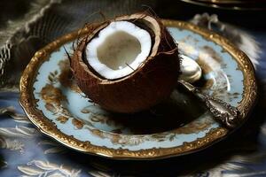 saftig utsökt kokos lögner på en skön tallrik, ai genererad foto