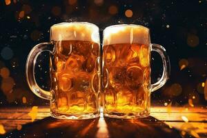 skummig öl i stor glas råna står i lokal- bar på oktoberfest, ai genererad foto