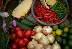 mängd av vietnamese frukt och grönsaker foto