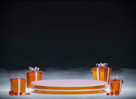3d tolkning orange podium med gåva låda ,visa för kosmetisk .tömma monter för produkt presentation. foto