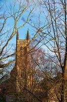 Durham-katedralen bakom trädgrenar vackert badad i eftermiddagsbelysning foto