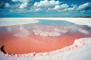 rosa salt sjö strand från vit salt, blå himmel, skön ovanlig landskap. generativ ai foto