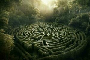labyrint sten skog buskar. generera ai foto