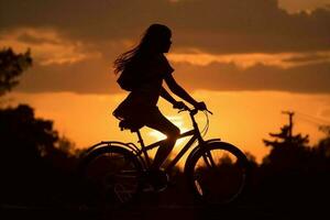 flicka rida cykel solnedgång. generera ai foto