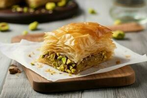 baklava pistasch bakverk. generera ai foto