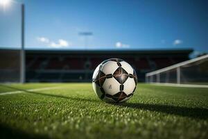 ai generativ fotboll boll på de grön gräs och mål netto i fotboll stadion foto