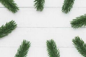 gran träd grenar på vit tabell bakgrund för natur och jul dekoration begrepp foto