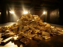 rum interiör med stack av guld bullion - generativ ai foto