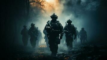 ai generativ soldater med gevär framåt genom rökfylld slagfält foto