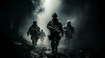 ai generativ soldater med gevär framåt genom rökfylld slagfält foto