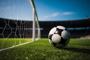 ai generativ fotboll boll på de grön gräs och mål netto i fotboll stadion foto