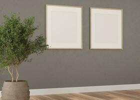 3d framställa av vardagsrum med grå plåster vägg och trä golv. vit ramar på de vägg. liten träd foto