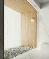 3d framställa av modern badrum tömma Plats med vit marmor och trä väggar. Plats för en badkar och vit stenar på de golv. naturlig ljus. vägg metalic lampa. foto