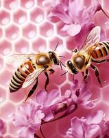 två honungsbin på rosa vaxkaka foto