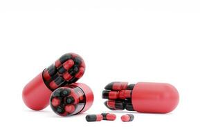 svart och röd medicin piller. små piller inuti stor läsplatta kapslar. 3d tolkning. apotek och sjukvård begrepp. läkemedel medvetenhet. foto