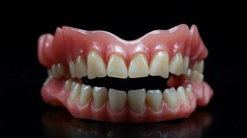 dental protes, tand implantera, attrapp på en svart bakgrund, isolera. ai genererad. foto