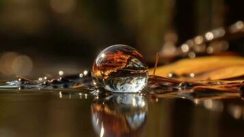 värld fotografi dag, skog reflexion i daggdroppe på grön blad. ai genererad. foto