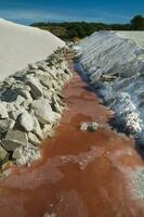 lastbilar avlastning rå salt bulk, saliner grandes de hidalgo, la pampa, argentina. foto