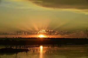 hög Spänning kraft linje på solnedgång, pampas, argentina foto