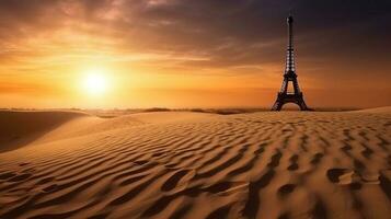 trogen begrepp av sparande planet. parisian eiffel torn i öken- sandstrand. ai genererad. foto
