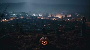 halloween skrämmande pumpa med brand i de kyrkogård på natt, grav bakgrund. ai genererad. foto