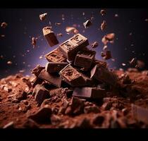 bitar av choklad och kakao pulver stänk på en svart bakgrund. internationell choklad dag firande ai genererad foto