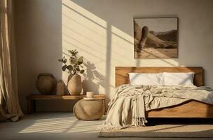 interiör av modern sovrum med trä- säng, kuddar och växter ai genererad foto