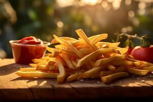 franska frites med ketchup. ai genererad foto