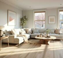 levande rum interiör med soffa och kaffe tabell. 3d framställa ai genererad foto