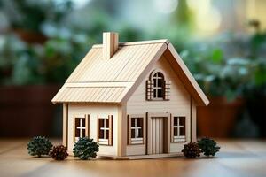 trä- hus modell på trä bakgrund, en symbol för konstruktion , ekologi, lån, inteckning, fast egendom eller Hem. foto