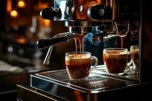 kaffe maskin framställning en varm dryck i Kafé bar på de morgon- ai genererad foto