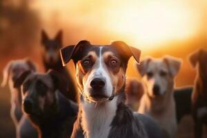 uppsättning av hundar, annorlunda storlekar och raser utomhus- på solnedgång ai genererad foto