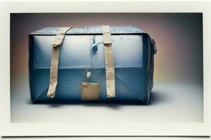 en blå bit av bagage Sammanträde på topp av en tabell. ai genererad foto