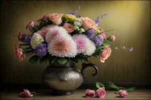 en vas fylld med massor av blommor på topp av en tabell. ai genererad foto