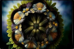 en bild av en knippa av blommor anordnad i en cirkel. ai genererad foto