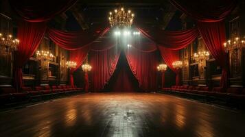 teater skede, med röd ridå, trä- golv, stolar och belysning ai generativ foto