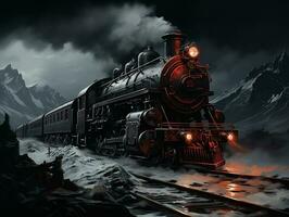 en tåg i de snö med mörk bakgrund, sinnessjuk detalj tillverkad förbi ai generativ Foto