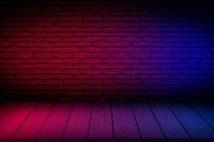 neon ljus på tegel vägg textur bakgrund. belysning effekt röd och blå neon bakgrund för produkt visa, baner, eller mockup. foto