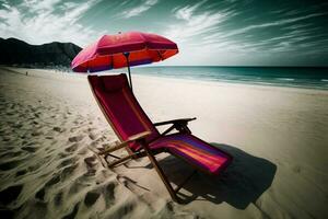 en strand stol med ett paraply på de strand. ai genererad foto