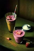 två glasögon av smoothie med jordgubbar på en tabell. ai genererad foto