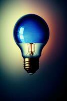en blå ljus Glödlampa Sammanträde på topp av en tabell. ai genererad foto