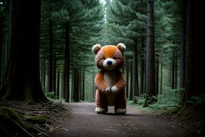 en teddy Björn Sammanträde i de mitten av en skog. ai genererad foto