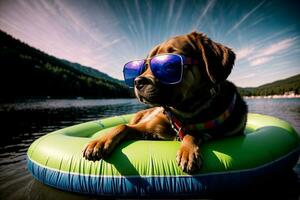 en brun hund bär solglasögon om på topp av ett uppblåsbar flotte. ai genererad foto