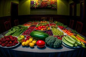 en tabell toppade med massor av annorlunda typer av frukt och grönsaker. ai genererad foto