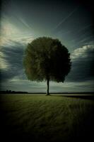 en ensam träd i en gräs- fält under en molnig himmel. ai genererad foto