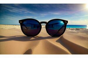 en par av solglasögon Sammanträde på topp av en sandig strand. ai genererad foto