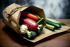 en papper väska fylld med grönsaker på topp av en trä- tabell. ai genererad foto