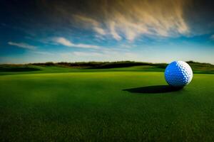 en golf boll Sammanträde på topp av en grön fält. ai genererad foto