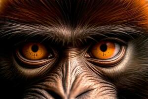 en stänga upp av en apor ansikte med orange ögon. ai genererad foto