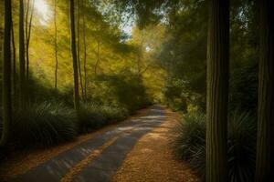 en målning av en väg i de mitten av en skog. ai genererad foto